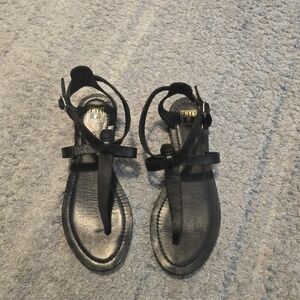 Frye Taylor Black Leather Ankle Strap Thong Sandals Gladiator Flats Size 9.5